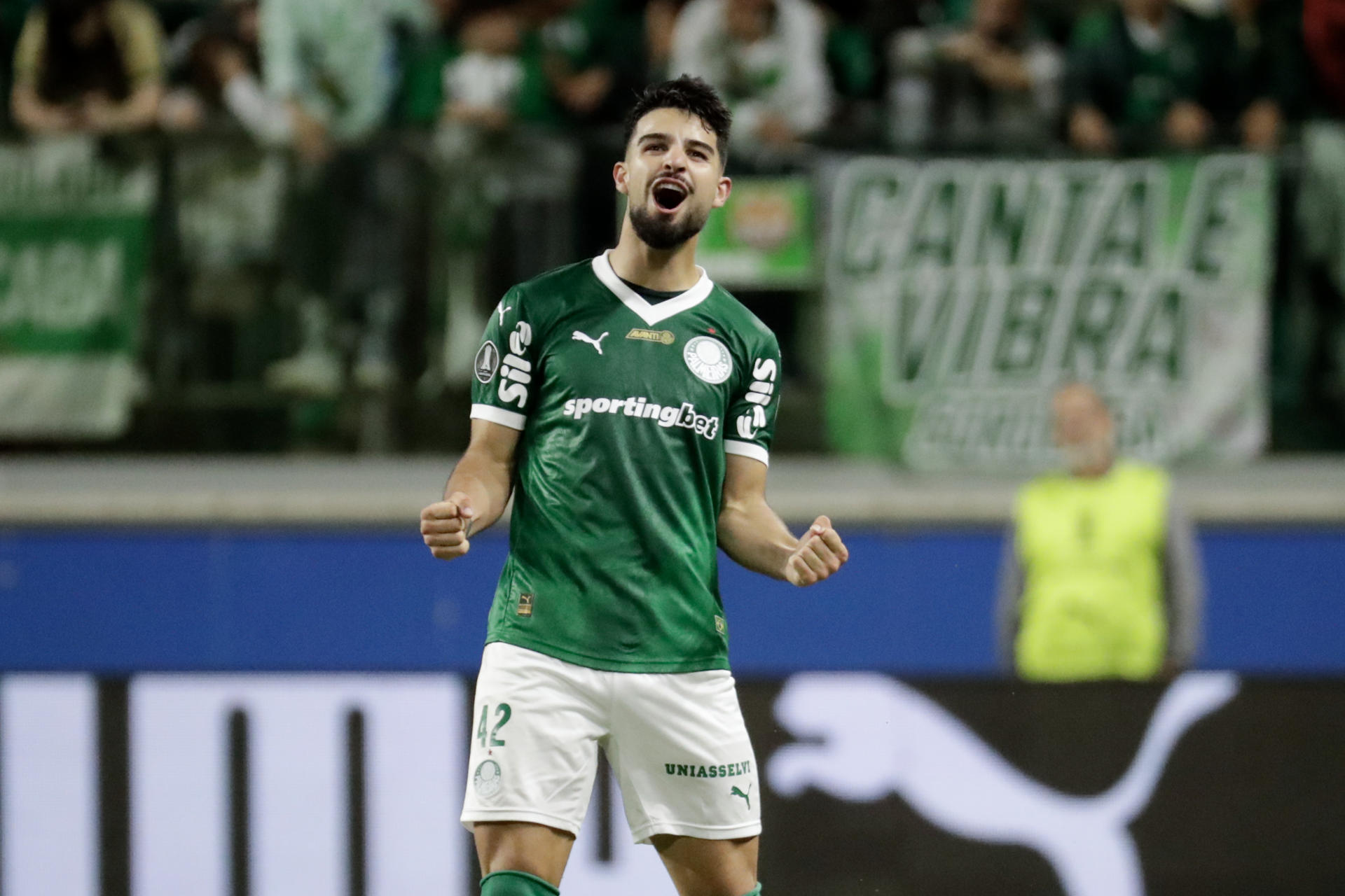 José Manuel López de Palmeiras celebra un gol en un partido de cuartos de final de la Copa Libertadores. EFE/ Sebastião Moreira