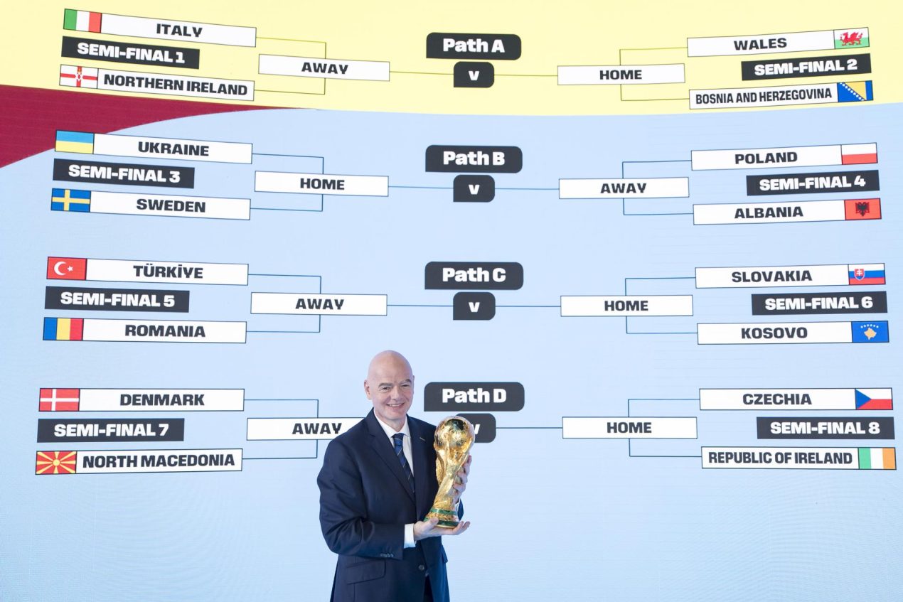 El presidente de la FIFA Gianni Infantino durante el sorteo de la repesca para el Mundial de 2026. EFE/EPA/CLAUDIO THOMA