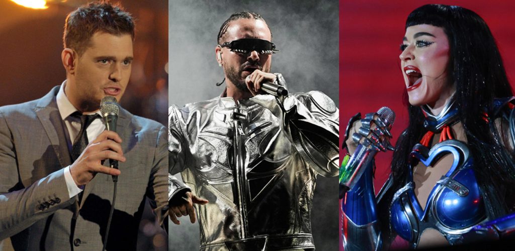 Combo de fotografías que muestra al cantante candiense Michael Buble (i), al cantante y productor colombiano J Balvin (c), y la cantante estadounidense Katy Perry. EFE/ Carmen Jaspersen/ Alejandro García/ Sebastião Moreira