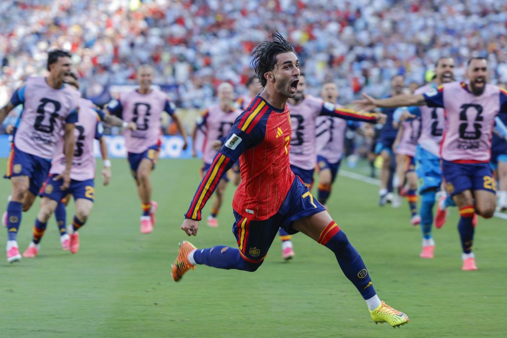 Ferrán Torres de España celebra un gol en la final del Mundial de la FIFA 2026 entre España y Argentina en el estadio MetLife en East Rutherford (NJ, EE.UU.). EFE/ Lavandeira Jr
