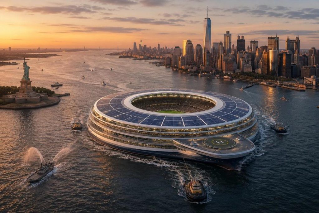 Una enorme plataforma se aproxima al puerto. A bordo, un estadio de fútbol. 50.000 espectadores embarcan hacia sus asientos. La infraestructura ideal para usar en cada Mundial, cada cuatro años. Es la última idea de Mark Fenwick, arquitecto detrás del estadio de contenedores de Catar o del RCDE Stadium. EFE/Cedida por Estudio Mark Fenwick USO EDITORIAL NO VENTAS
