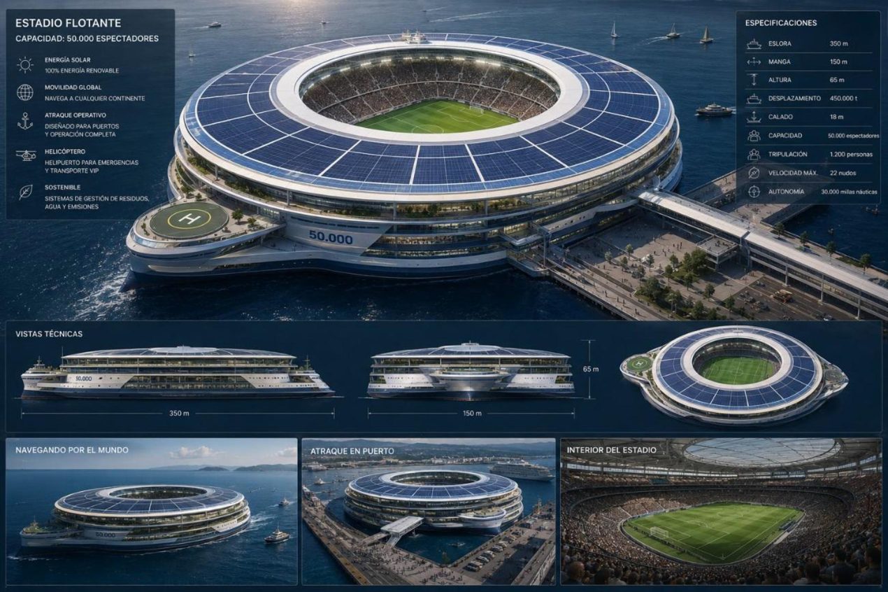 Una enorme plataforma se aproxima al puerto. A bordo, un estadio de fútbol. 50.000 espectadores embarcan hacia sus asientos. La infraestructura ideal para usar en cada Mundial, cada cuatro años. Es la última idea de Mark Fenwick, arquitecto detrás del estadio de contenedores de Catar o del RCDE Stadium. EFE/Cedida por Estudio Mark Fenwick USO EDITORIAL NO VENTAS 